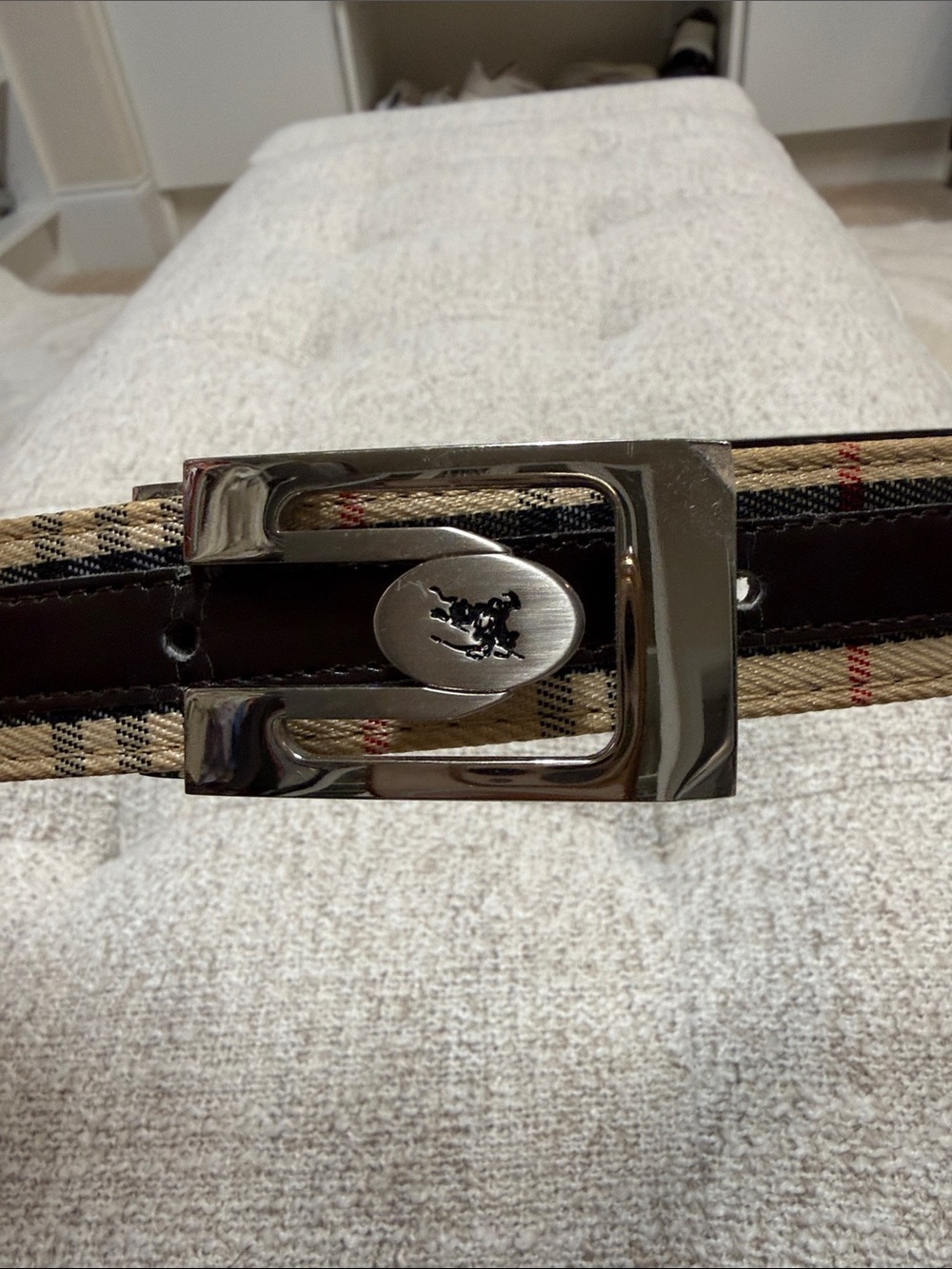 Burberry Classic Plaid Belt with Silver Buckle